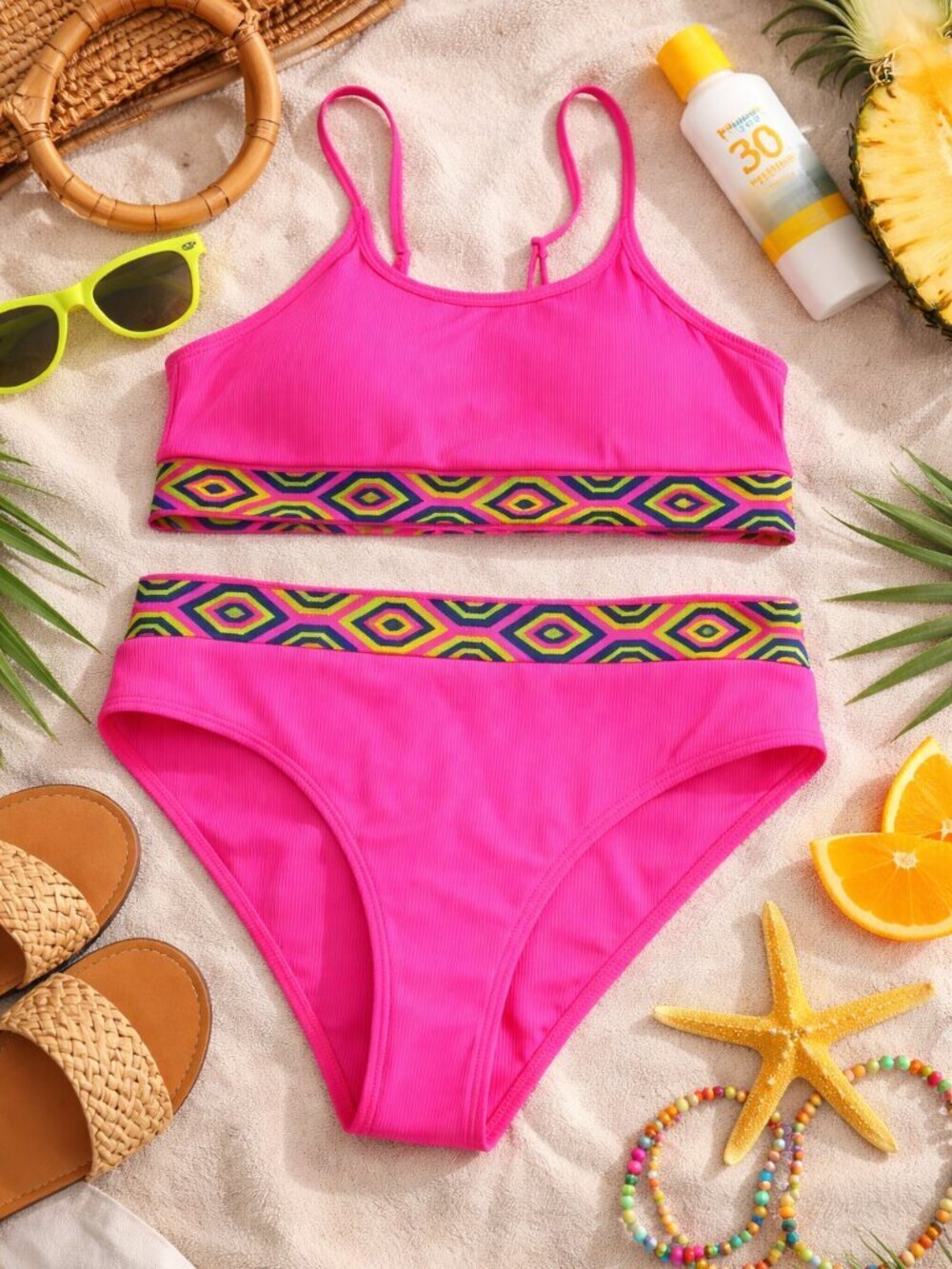 Kids' Two-Piece Swim Set - Hot Pink with Geometric Trim